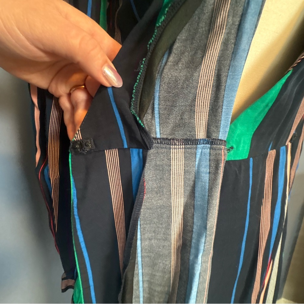 Navy Pinstriped Wrap Midi Dress w/ Belt | Deep V | Long Sleeve | XS - Picture 9 of 10
